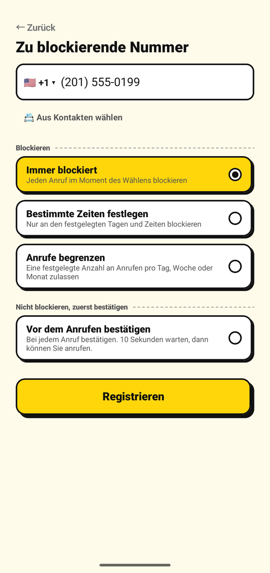 Hinzufügen einer zu blockierenden Nummer auf dem NoDial-Bildschirm „Nummer hinzufügen“
