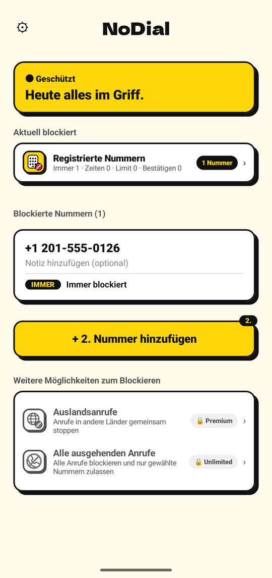 NoDial-Startbildschirm: Geschützt, mit einer blockierten Nummer und ihrem Zeitplan