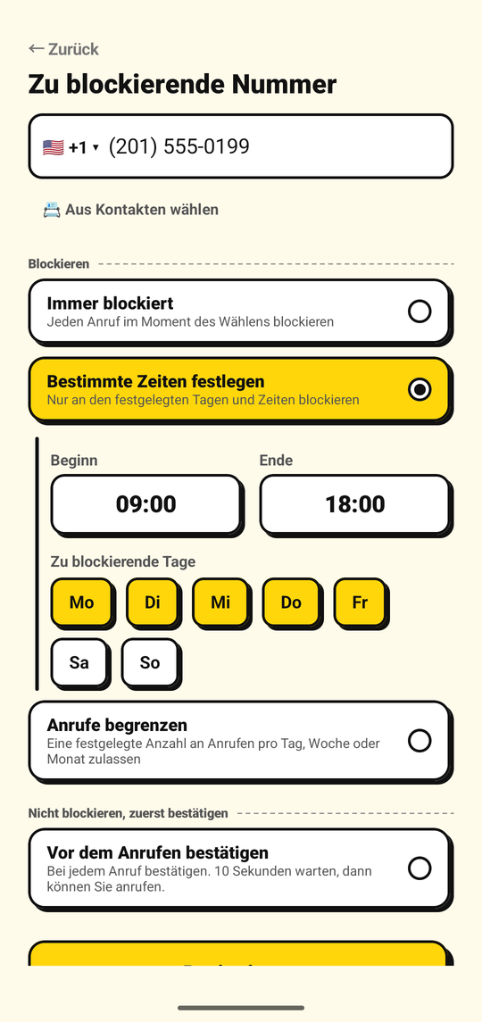 Festlegen der Tage und Zeiten, an denen eine Nummer blockiert wird