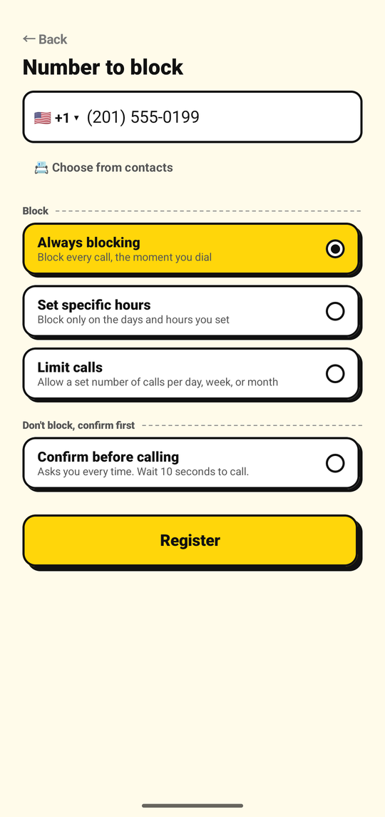 Adding a number to block on the NoDial add-number screen