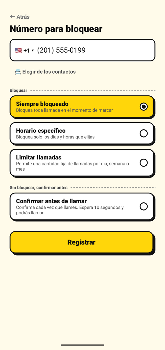 Agregando un número para bloquear en la pantalla de NoDial