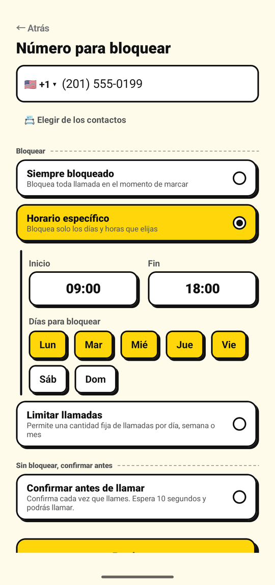 Configurando los días y horarios para bloquear un número