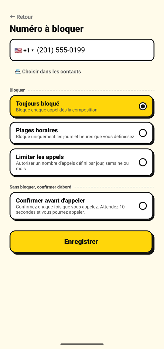 Ajout d'un numéro à bloquer sur l'écran d'ajout de NoDial