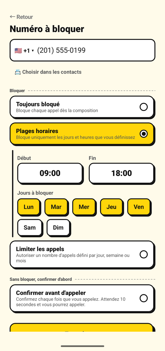 Réglage des jours et des heures pour bloquer un numéro