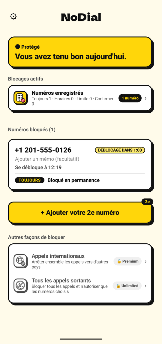 Désactiver le blocage programme un déblocage une heure plus tard