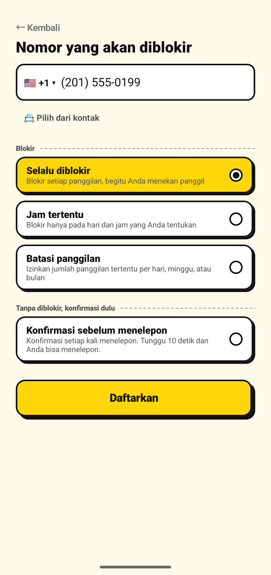 Menambahkan nomor yang akan diblokir di layar tambah nomor NoDial