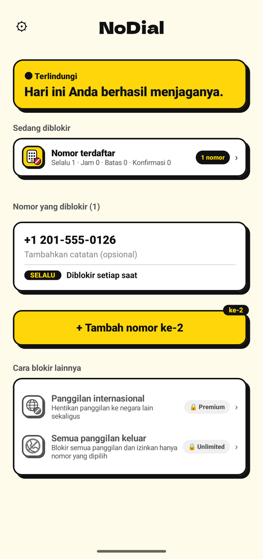 Layar utama NoDial: Terlindungi, dengan satu nomor yang diblokir beserta jadwalnya