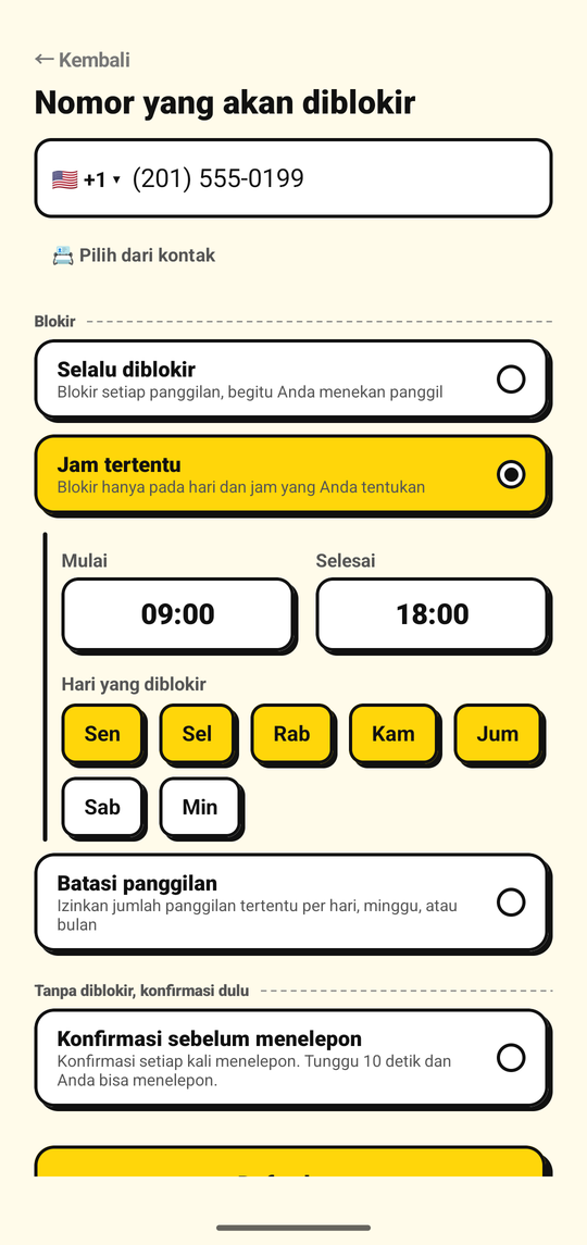 Mengatur hari dan jam untuk memblokir suatu nomor