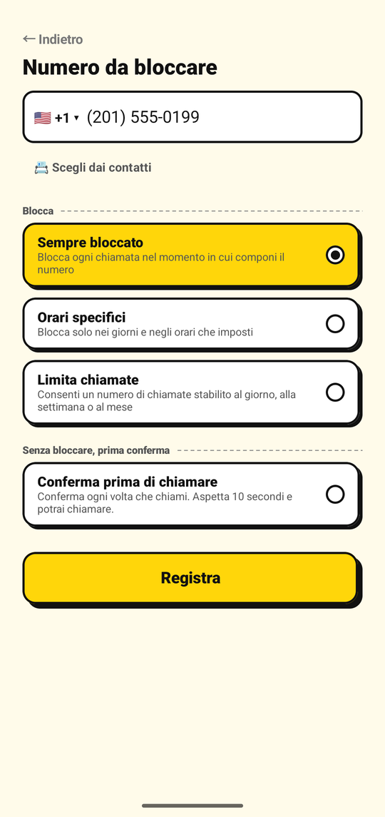 Aggiunta di un numero da bloccare nella schermata di NoDial