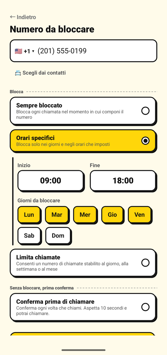 Impostazione dei giorni e degli orari per bloccare un numero