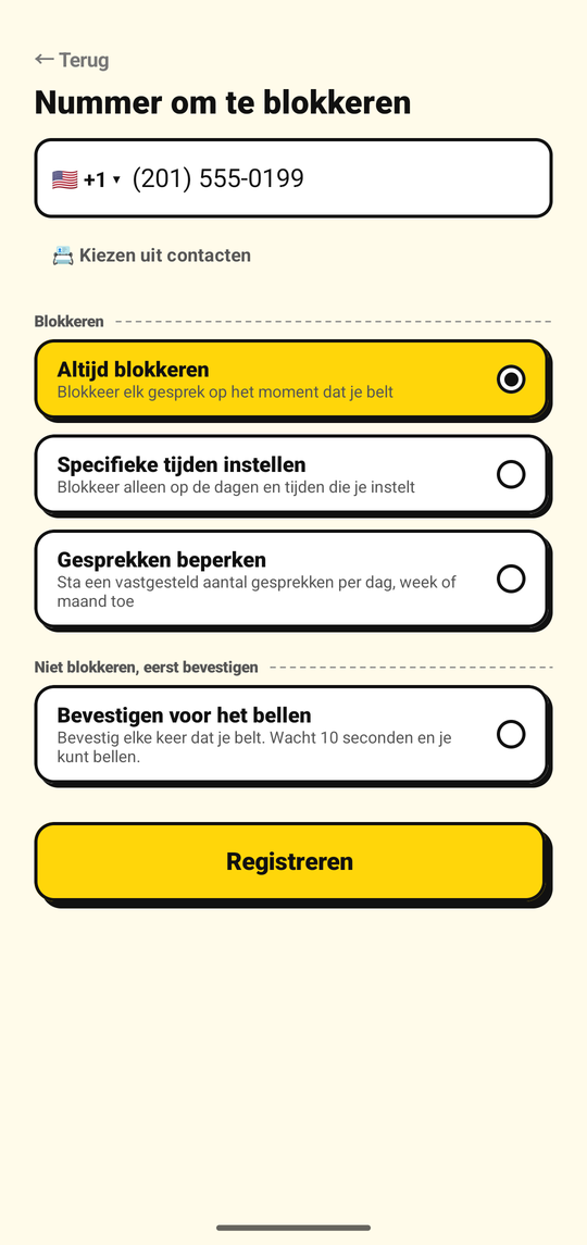 Een te blokkeren nummer toevoegen op het scherm Nummer toevoegen van NoDial