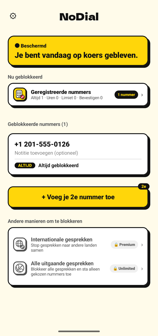 NoDial-startscherm: Beschermd, met één geblokkeerd nummer en het bijbehorende schema