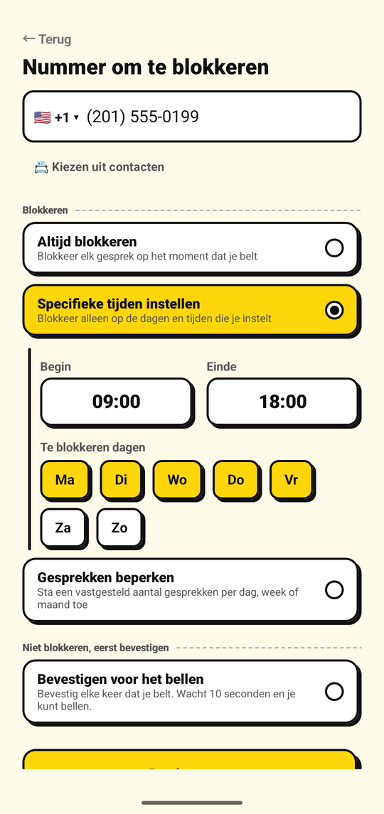 De dagen en tijden instellen waarop een nummer wordt geblokkeerd