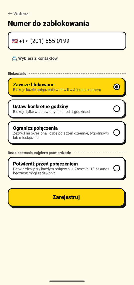 Dodawanie numeru do zablokowania na ekranie dodawania numeru w NoDial
