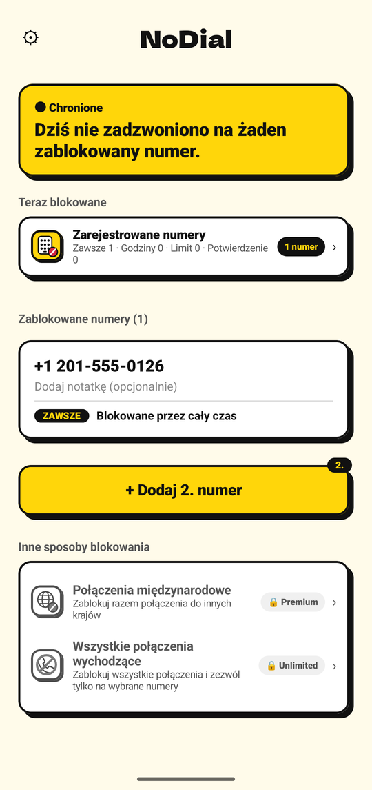 Ekran główny NoDial: Chronione, z jednym zablokowanym numerem i jego harmonogramem