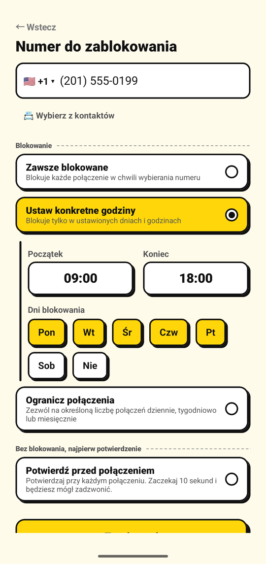 Ustawianie dni i godzin blokowania numeru