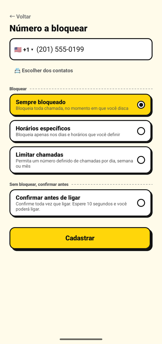 Adicionando um número para bloquear na tela de adicionar número do NoDial