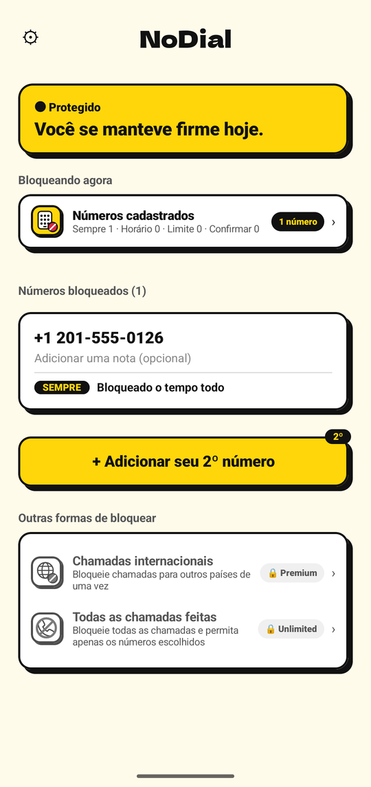 Tela inicial do NoDial: Protegido, com um número bloqueado e seu horário programado