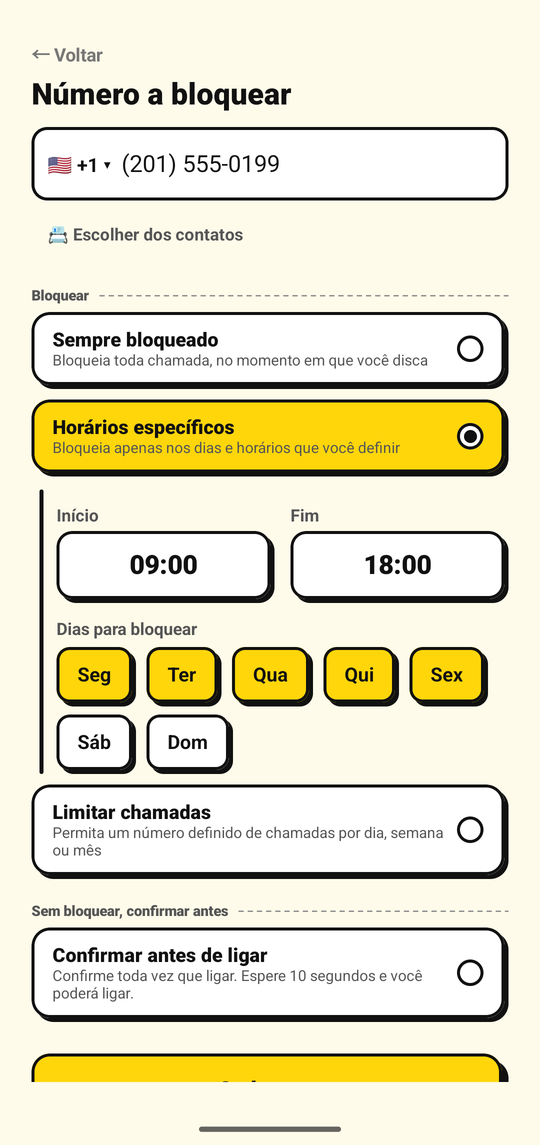 Definindo os dias e horários para bloquear um número