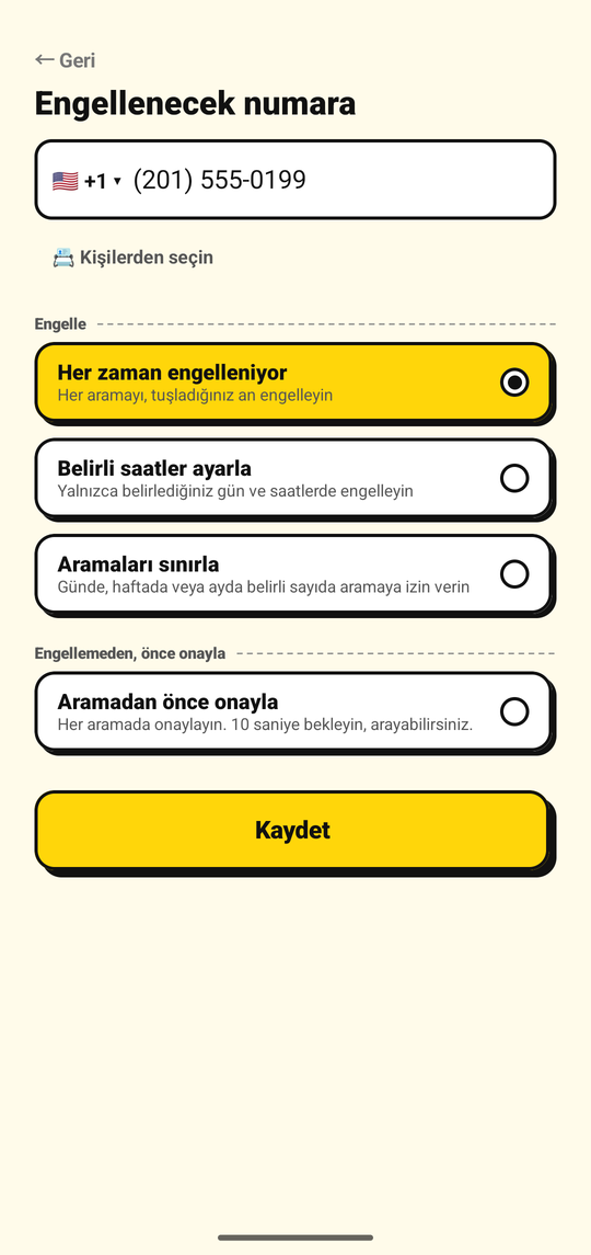 NoDial numara ekleme ekranında engellenecek bir numaranın eklenmesi