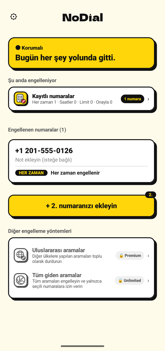 NoDial ana ekranı: Korumalı, engellenmiş bir numara ve programı ile birlikte