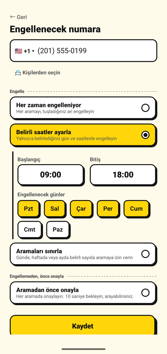 Bir numarayı engellemek için gün ve saatlerin ayarlanması