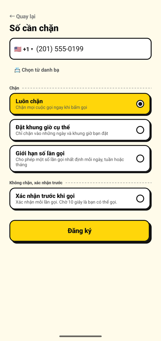 Thêm một số cần chặn trên màn hình thêm số của NoDial