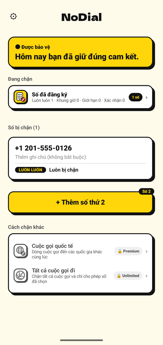 Màn hình chính NoDial: Đang bảo vệ, với một số bị chặn và lịch chặn của số đó
