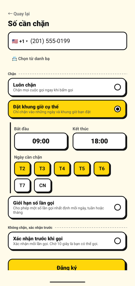 Đặt ngày và giờ để chặn một số